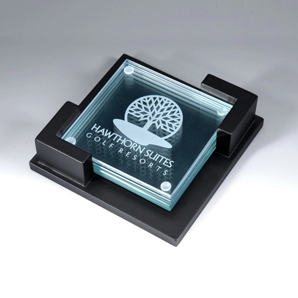 Awards-4 clear glass coasters with wooden  holder gift set.... from ASI 41511 Brainchild USA Inc / BrainChild Gift Club