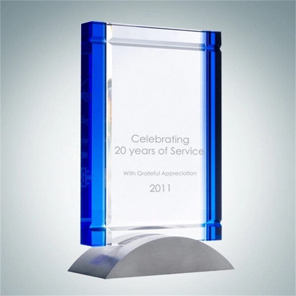 Crystal glass award with aluminum base, large engraving area and blue... from ASI 47791 Best Deal Awards / Best Deal Awards