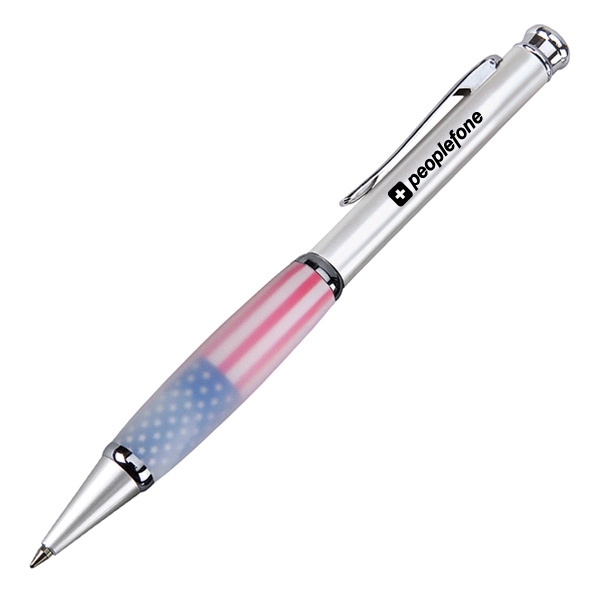 Twist-action brass ballpoint pen with satin pearl silver barrel and American... from ASI 40544 Binaco / Binaline