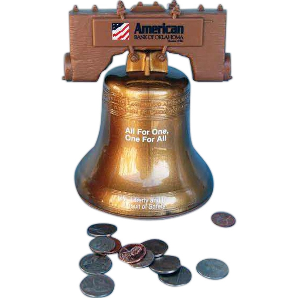 Metallic gold Liberty Bell shape bank with coin slot on top... from ASI 78700 Plastique Unique Inc