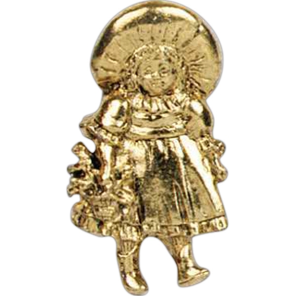 Stock cast little girl shape holding basket lapel pin with butterfly... from ASI 93235 Valley Casting Inc