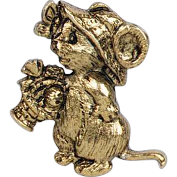 Stock cast lady mouse wearing hat and holding basket lapel pin.... from ASI 93235 Valley Casting Inc