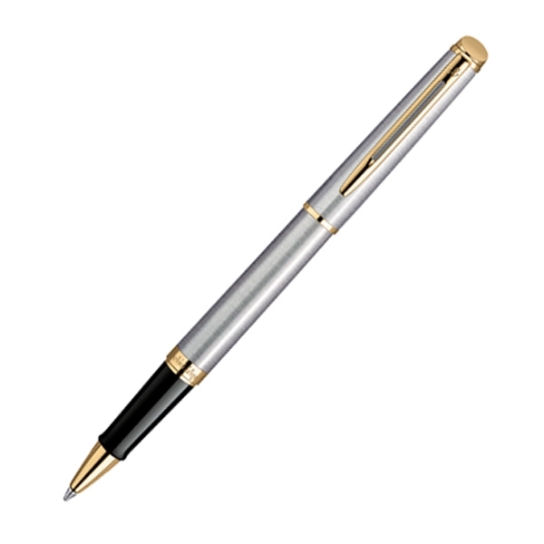 Stainless roller ball pen with tapered form and beveled button.... from ASI 84833 Newell Custom Writing Instruments / Newell Brands