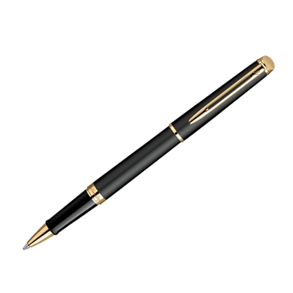 Matte black roller ball pen with tapered form and beveled button.... from ASI 84833 Newell Custom Writing Instruments / Newell Brands