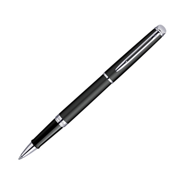 Matte black roller ball pen with tapered form and beveled button.... from ASI 84833 Newell Custom Writing Instruments / Newell Brands