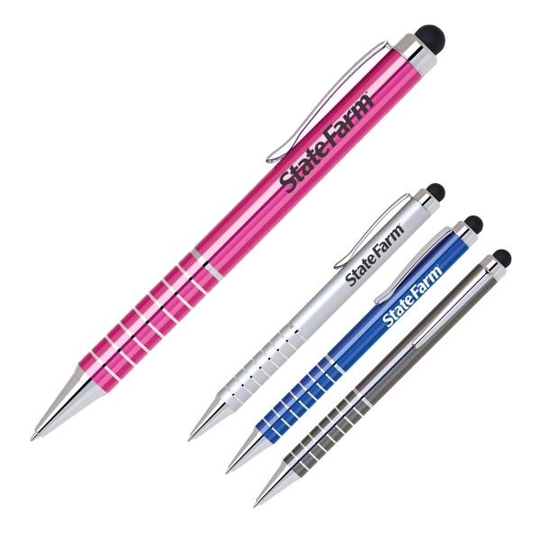 Twist action anodized colored ballpoint pen with stylus. Features Chrome Stripped... from ASI 40544 Binaco / Binaline