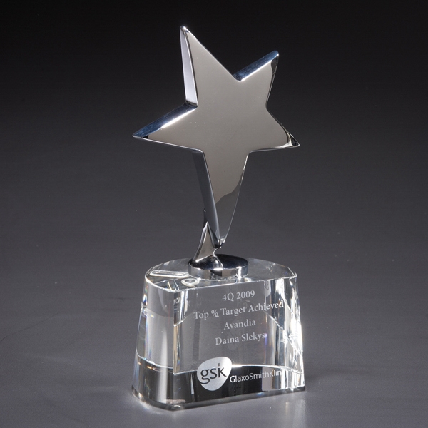 6.25" x 3.5" x 2.25" shining silver star award that sits... from ASI 68507 The Magnet Group / Benchmark Crystal & Clocks