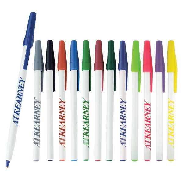 White barrel, plastic stick ballpoint pen with matching tip, trim and... from ASI 52387 Empire USA / Pens Line USA