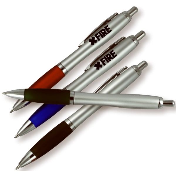 Ballpoint pen with silver barrel and colored rubber grip.... from ASI 57956 Graphco line