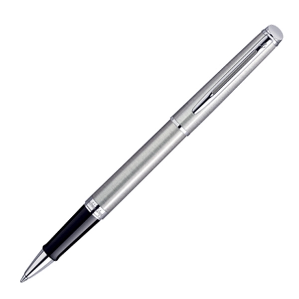 Stainless roller ball pen with tapered form and beveled button.... from ASI 84833 Newell Custom Writing Instruments / Newell Brands