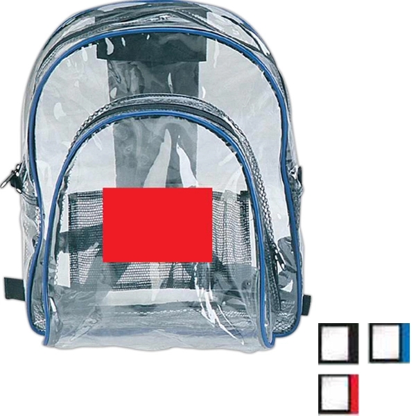 Clear backpack features large front pocket and colored trim.... from ASI 34046 Allcasion Travelware Co