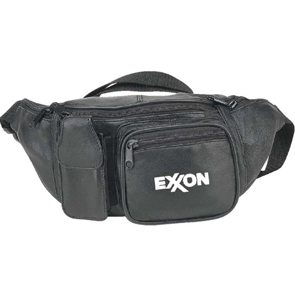 Leather fanny pack with zippered front, back and side pockets.... from ASI 34046 Allcasion Travelware Co