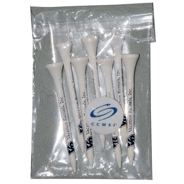 Crystal clear poly bag with seven 2 3/4" tees and one... from ASI 63500 Jomar Industries Inc / The Tee Line