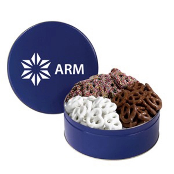 Medium size, 3-way tin with milk chocolate, sprinkle and yogurt covered... from ASI 71685 Midnite Snax®