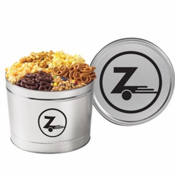Two gallon, 6-way divided tin filled with popcorn, pretzel petites, chocolate... from ASI 71685 Midnite Snax®