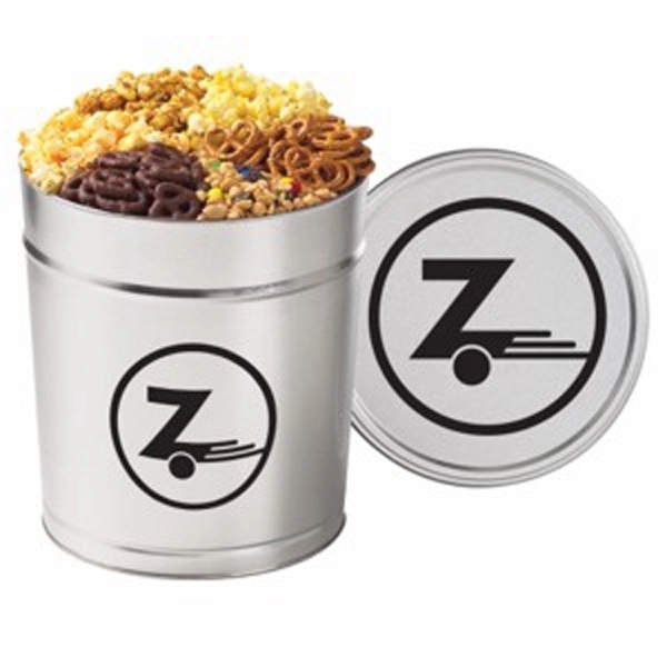 3.5 gallon, 6-way divided tin with popcorn, salted pretzels, chocolate covered... from ASI 71685 Midnite Snax®