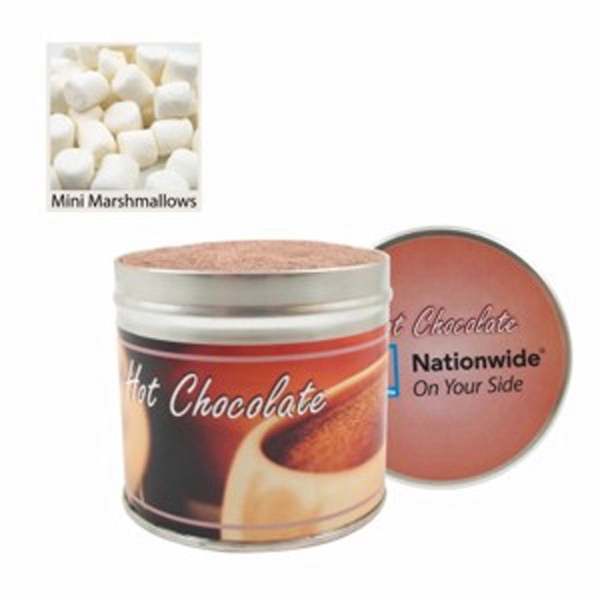 Large tin filled with gourmet hot chocolate mix with mini marshmallows... from ASI 71685 Midnite Snax®