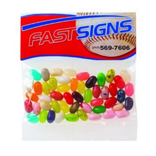 Customizable clear header bag filled with colorful Jelly Belly® jelly beans,... from ASI 71685 Midnite Snax®