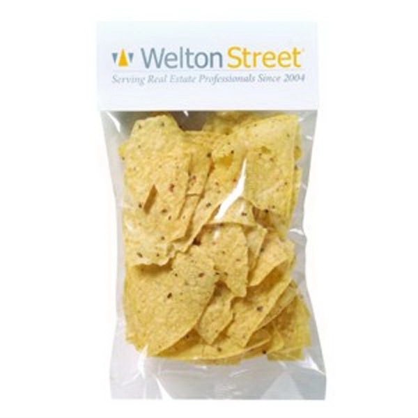 Customizable clear header bag filled with tortilla chips, 2 oz.... from ASI 71685 Midnite Snax®