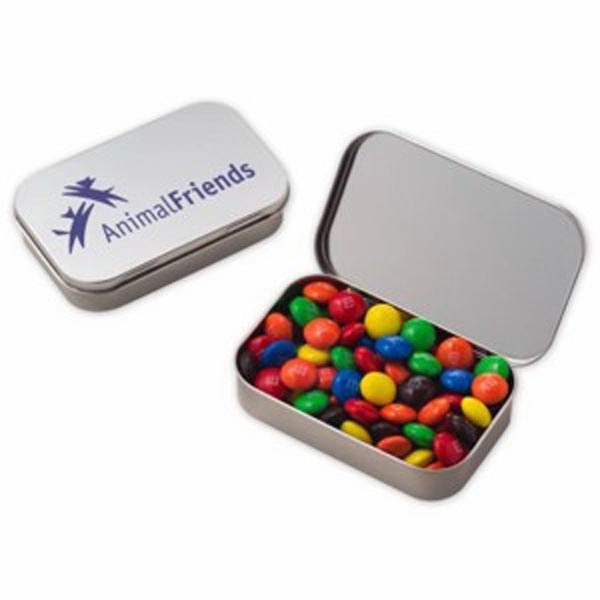 Large hinged tin filled with candy coated chocolates.... from ASI 71685 Midnite Snax®