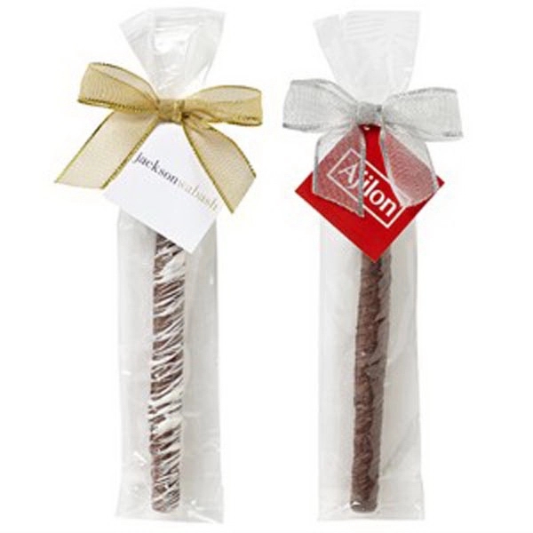 Chocolate covered pretzel rod with chocolate drizzle; includes 4-color process hang... from ASI 71685 Midnite Snax®