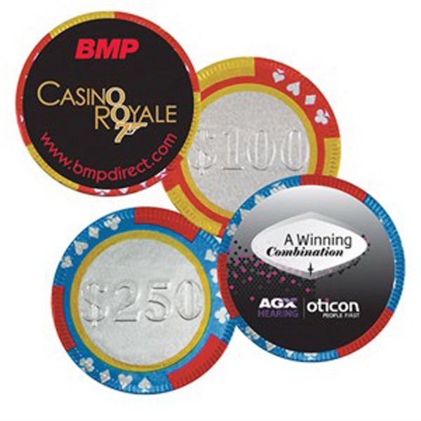Milk chocolate poker chips with stock design on opposite side... from ASI 71685 Midnite Snax®