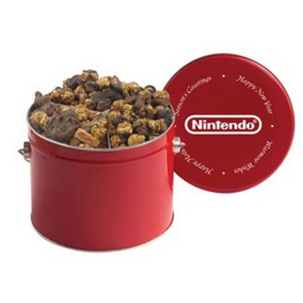 Half-gallon tin with handle filled with candy bar-inspired gourmet popcorn flavors... from ASI 71685 Midnite Snax®