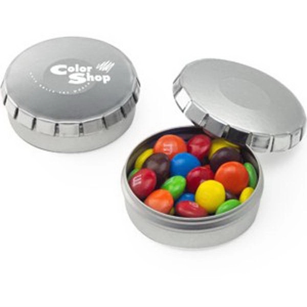 Small, round push-top tin filled with assorted chocolates... from ASI 71685 Midnite Snax®