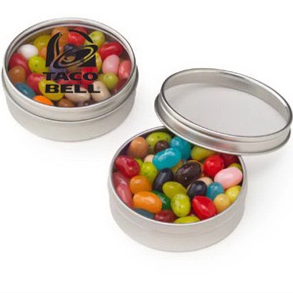 Small round designer window tin filled with Jelly Belly® jelly beans.... from ASI 71685 Midnite Snax®