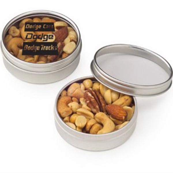 Small round designer window tin filled with mixed nuts.... from ASI 71685 Midnite Snax®