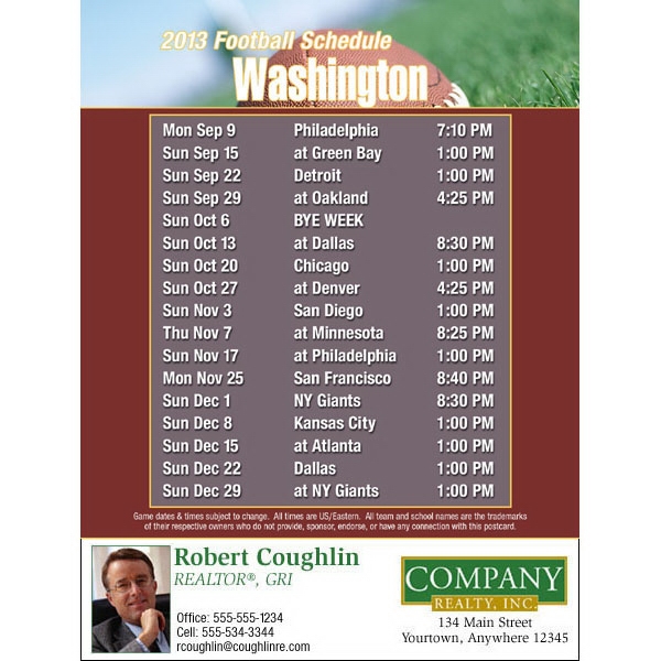 Washington - Pro football schedule postcards - all cities available.... from ASI 46719 Corner Lot Marketing Inc / CLMPromotions
