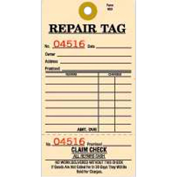 One part manila repair tag with detachable claim stub, blank.... from ASI 52493 Ennis Inc