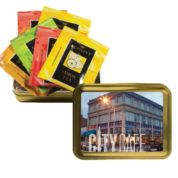 Large tea tin with tea bags.... from ASI 61125 Hit Promotional Products / Admints & Zagabor
