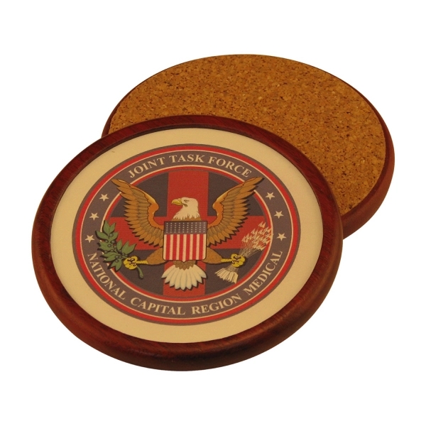 Round wood coaster with leather inlay and 4-color process... from ASI 88156 Solid Dimensions Inc / Solid Dimensions Line