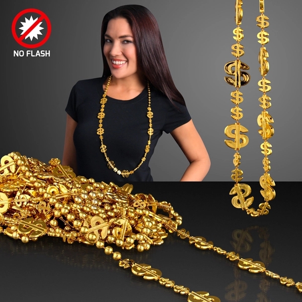 Shiny gold dollar sign party beads necklace (non light up). Blank.... from ASI 34194 ALightPromos / Alight Promotional Products
