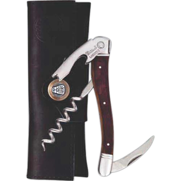 Customizable 4 1/2" waiter's corkscrew with oak barrel handle and leather... from ASI 55450 Franmara Inc