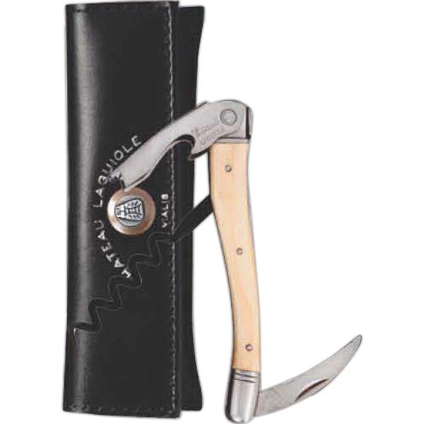 Customizable 4 1/2" waiter's corkscrew with maple wood handle and leather... from ASI 55450 Franmara Inc