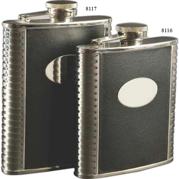 Black leather-bound pocket flask with captive-top and indented, ribbed side grips;... from ASI 55450 Franmara Inc