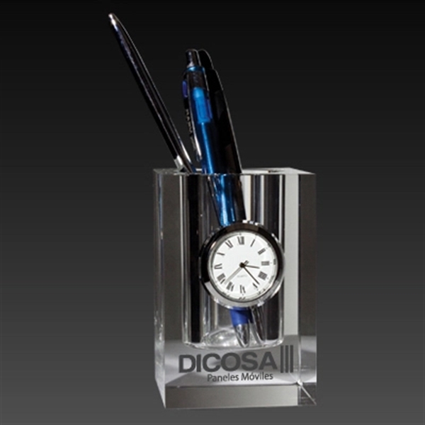 Classic rectangular glass crystal  pen holder with clock... from ASI 40544 Binaco / Binaline