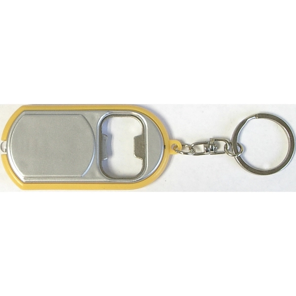 Ultra thin flashlight with metal bottle opener and swivel spilt key... from ASI 74585 Nu Promo International / Nu Promo Line