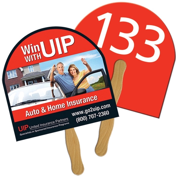 Digital printed half moon shape auction fan with visible wooden stick.... from ASI 67620 Lion Circle Corp / Lion/Circle