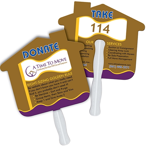 Digital printed house shape auction fan with visible wooden stick.... from ASI 67620 Lion Circle Corp / Lion/Circle