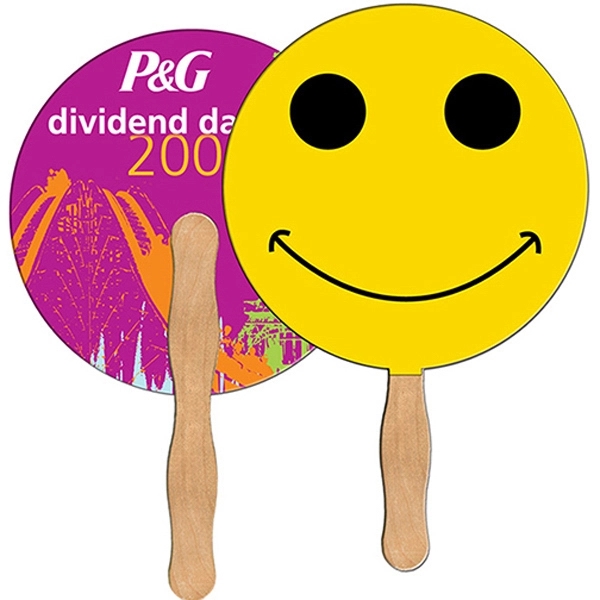 Digital printed smiley face shape auction fan with visible wooden stick.... from ASI 67620 Lion Circle Corp / Lion/Circle