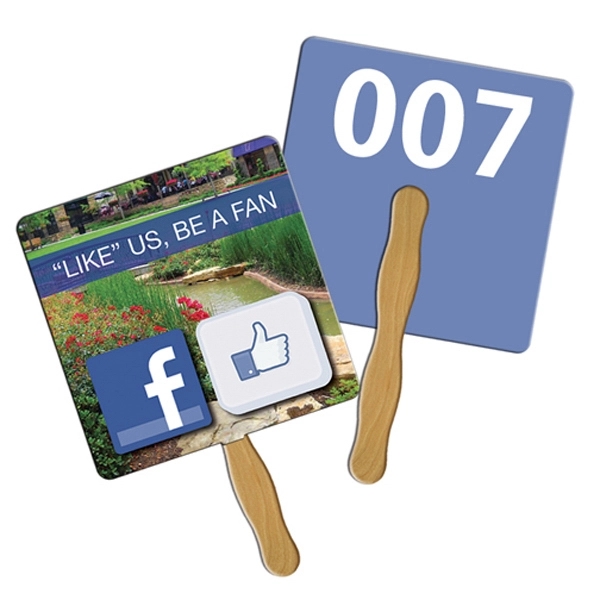 Digital printed square shape auction fan with visible wooden stick.... from ASI 67620 Lion Circle Corp / Lion/Circle