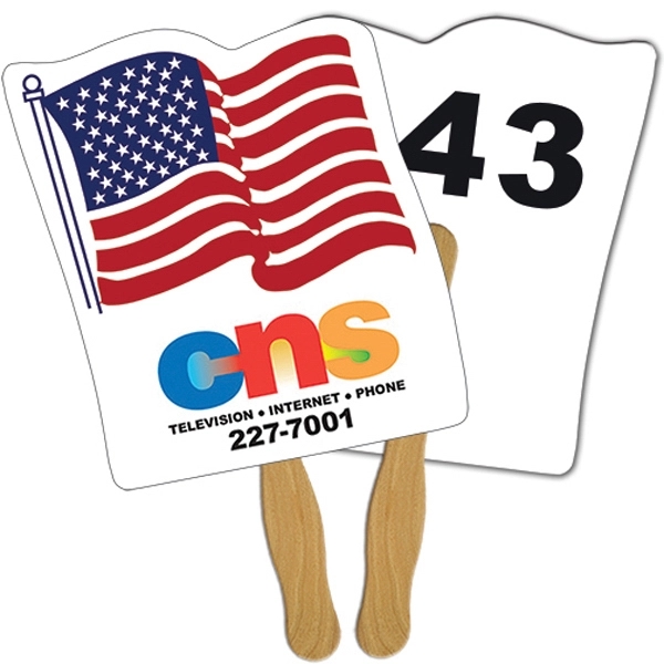Digital printed flag shape auction fan with visible wooden stick.... from ASI 67620 Lion Circle Corp / Lion/Circle