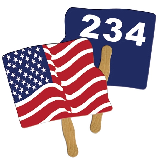 Digital printed wavy flag shape auction fan with visible wooden stick.... from ASI 67620 Lion Circle Corp / Lion/Circle