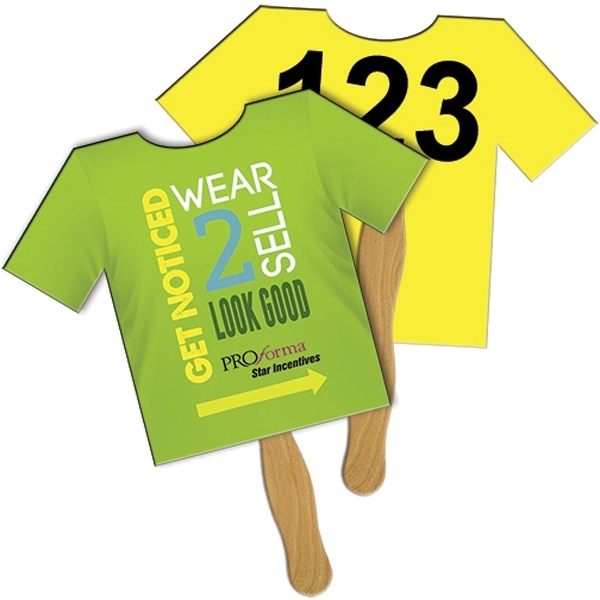 Digital printed T-shirt shape auction fan with visible wooden stick.... from ASI 67620 Lion Circle Corp / Lion/Circle