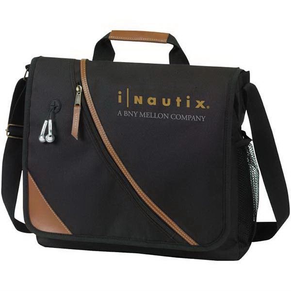 Messenger bag with leatherette trim and diagonal front zipper pocket, earbud... from ASI 30112 ACE Products / Ace Line
