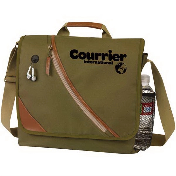 Messenger bag with leatherette trim and diagonal front zipper pocket, earbud... from ASI 30112 ACE Products / Ace Line