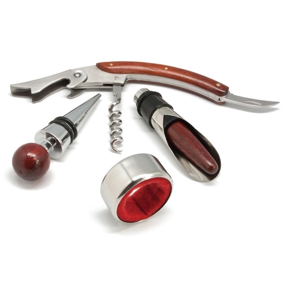 Corkscrew, bottle stopper, drip ring and a wine pourer boxed in... from ASI 30112 ACE Products / Ace Line